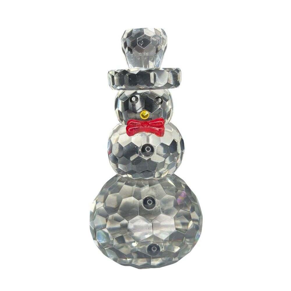 Vintage Crystal Zoo Snowman in Top Hat & Red Bow Tie Collectible Holiday Figure